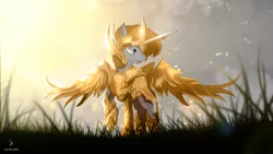 Size: 1920x1080 | Tagged: safe, artist:zidanemina, derpibooru import, oc, oc:rood, pegasus, pony, anime, armor, crepuscular rays, crossover, grass, horn, image, jpeg, raised hoof, sagittarius, saint seiya, solo, sun