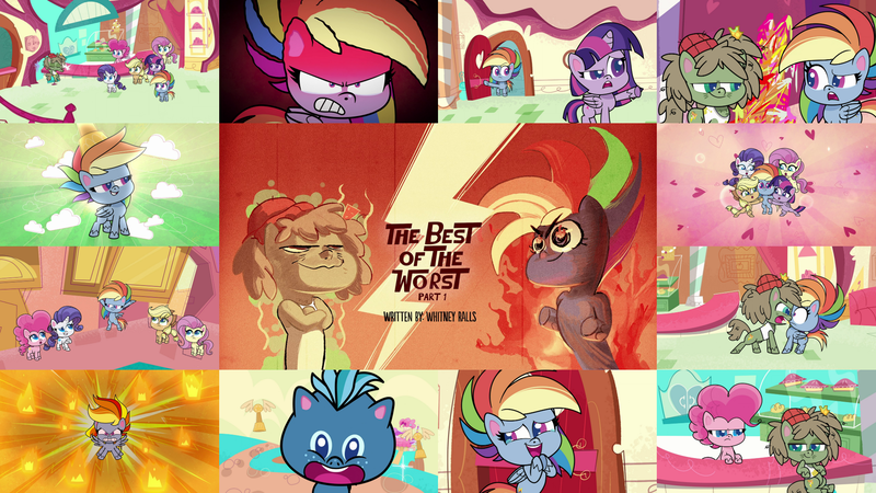 Size: 1978x1113 | Tagged: safe, derpibooru import, edit, edited screencap, editor:quoterific, screencap, applejack, dishwater slog, fluttershy, pinkie pie, rainbow dash, rarity, smallfry, twilight sparkle, twilight sparkle (alicorn), alicorn, earth pony, pegasus, pony, unicorn, my little pony: pony life, the best of the worst, spoiler:pony life s01e02, angry, colt, crying, female, fire, group hug, hug, image, male, mane of fire, mane six, mare, png, stallion, tears of joy, title card