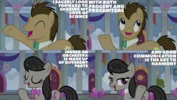 Size: 1280x720 | Tagged: safe, derpibooru import, edit, edited screencap, editor:quoterific, screencap, doctor whooves, octavia melody, time turner, earth pony, pony, a horse shoe-in, season 9, spoiler:s09, ^^, cute, doctorbetes, eyes closed, female, happy, image, jpeg, looking up, male, mare, open mouth, raised hoof, stallion