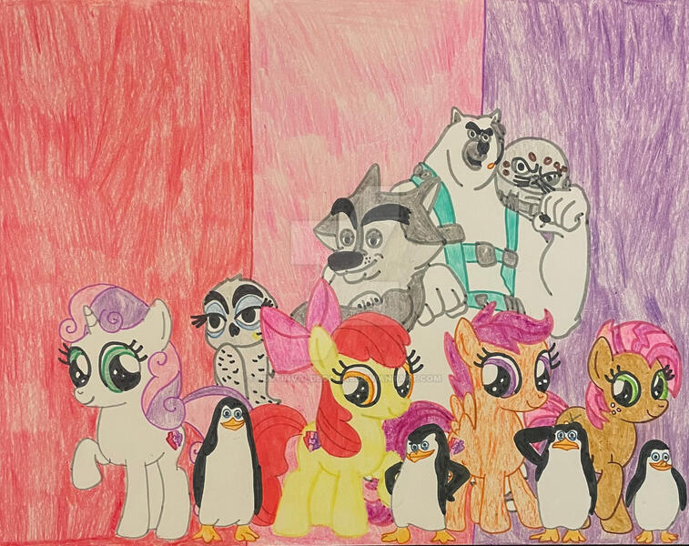 Size: 1280x1015 | Tagged: safe, artist:justinvaldecanas, derpibooru import, apple bloom, babs seed, scootaloo, sweetie belle, classified, corporal, cutie mark crusaders, eva, image, jpeg, kowalski, private, rico, short fuse (pom), skipper, the penguins of madagascar