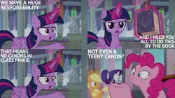 Size: 1280x720 | Tagged: safe, derpibooru import, edit, edited screencap, editor:quoterific, screencap, applejack, pinkie pie, rarity, twilight sparkle, twilight sparkle (alicorn), alicorn, earth pony, pony, unicorn, school daze, season 8, spoiler:s08, applejack's hat, book, cowboy hat, female, hat, image, magic, mare, open mouth, party cannon, pinkie being pinkie, png, telekinesis, tiny