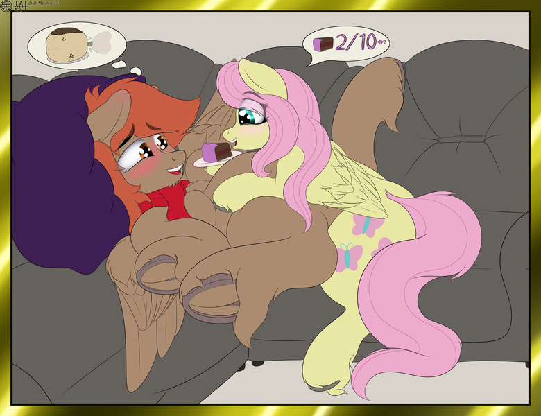 Size: 4225x3250 | Tagged: questionable, artist:tai kai, derpibooru import, fluttershy, oc, oc:winterlight, pegasus, pony, belly, bhm, blushing, canon x oc, clothes, couch, cream puff (food), eclair, fat, feedee, feeder, feeding, food, frog (hoof), image, obese, on top, open legs, pillow, png, scarf, speech bubble, teasing, thought bubble, underhoof
