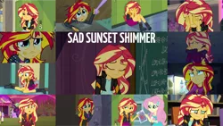 Size: 1280x721 | Tagged: safe, derpibooru import, edit, edited screencap, editor:quoterific, screencap, fluttershy, sunset shimmer, twilight sparkle, driving miss shimmer, equestria girls, equestria girls (movie), equestria girls series, forgotten friendship, friendship games, rainbow rocks, sunset's backstage pass!, spoiler:eqg series (season 2), chalkboard, clothes, crying, cute, cutie mark, cutie mark on clothes, eyes closed, female, geode of empathy, geode of fauna, hairpin, image, jacket, jewelry, leather, leather jacket, lip bite, lockers, looking at you, magical geodes, music festival outfit, necklace, offscreen character, open mouth, png, refrigerator, sad, sadorable, sunsad shimmer