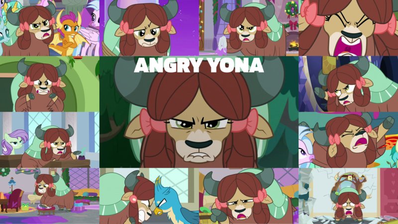 Size: 1280x721 | Tagged: safe, derpibooru import, edit, edited screencap, editor:quoterific, screencap, gallus, ocellus, silverstream, smolder, yona, pony, yak, school daze, season 8, season 9, she's all yak, spoiler:s08, spoiler:s09, angry, be my friend, cute, face to face, image, madorable, narrowed eyes, offscreen character, png, rage, unamused, yak smash, yona is not amused, yonadorable