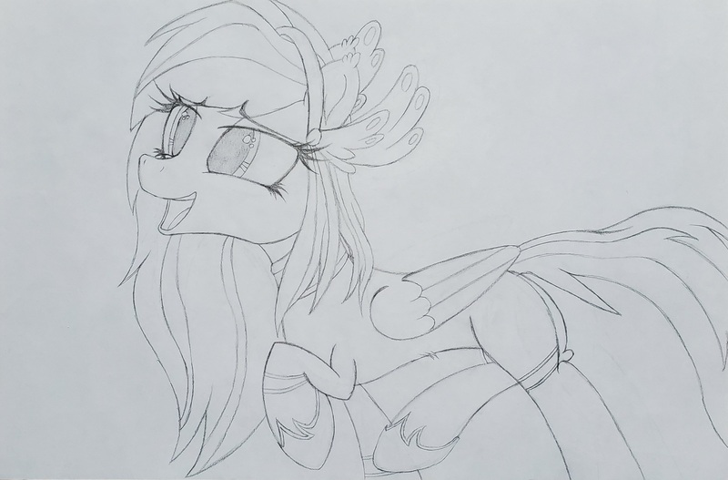 Size: 2896x1908 | Tagged: safe, artist:straighttothepointstudio, derpibooru import, oc, oc:athena (shawn keller), pegasus, pony, black and white, female, grayscale, guardians of pondonia, happy, image, jpeg, looking up, mare, monochrome, open mouth, solo, traditional art