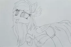 Size: 2896x1908 | Tagged: safe, artist:straighttothepointstudio, derpibooru import, oc, oc:athena (shawn keller), pegasus, pony, black and white, female, grayscale, guardians of pondonia, happy, image, jpeg, looking up, mare, monochrome, open mouth, solo, traditional art