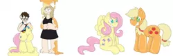 Size: 1280x419 | Tagged: safe, artist:dragonwhiskerss, derpibooru import, applejack, fluttershy, oc, earth pony, human, latex pony, original species, pegasus, pony, rubber pony, bean mouth, female, forced smile, grin, hair tie, hatless, human to pony, image, latex, liquid latex, male, mare, missing accessory, no pupils, png, rubber, shiny, simple background, sitting, smiling, spread wings, transformation, transformation sequence, transgender transformation, white background, wings