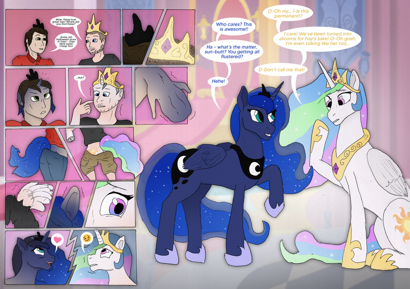 Size: 2937x2074 | Tagged: safe, artist:axiomtf, artist:tf-plaza, derpibooru import, princess celestia, princess luna, alicorn, human, pony, crown, duo, emoji, ethereal mane, heart, human to pony, image, jewelry, male to female, png, regalia, rule 63, transformation, transgender transformation