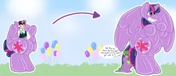 Size: 1280x560 | Tagged: safe, artist:dragonwhiskerss, derpibooru import, spike, twilight sparkle, twilight sparkle (alicorn), oc, alicorn, dragon, human, inflatable pony, latex pony, original species, pony, rubber pony, balloon, bipedal, clothes, color outline, colored pupils, costume, female, forced smile, glasses, grin, image, inflatable, latex, male, mare, misunderstanding, no pupils, png, rubber, shiny, simple background, sitting, smiling, spread wings, sweat, sweatdrop, transformation, transformation sequence, transgender transformation, wings