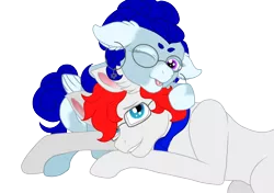 Size: 2150x1512 | Tagged: safe, artist:sajimex, derpibooru import, oc, oc:apex soundwave, oc:hajime, unofficial characters only, earth pony, pegasus, pony, clothes, duo, female, glasses, image, lying down, male, mare, png, scarf, shipping, simple background, snuggling, stallion, transparent background