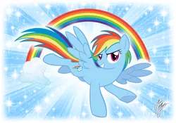 Size: 1181x827 | Tagged: safe, artist:marcoalbiero, derpibooru import, rainbow dash, pegasus, pony, blue background, cloud, female, flying, glitter, head turn, image, looking right, mare, png, rainbow, show accurate, signature, simple background, smiling, solo, sparkles, spread wings, wings