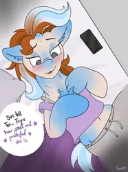 Size: 2409x3238 | Tagged: safe, artist:foxxy-arts, derpibooru import, trixie, human, pony, unicorn, bed, blushing, chest fluff, clothes, cutie mark, dialogue, ear fluff, eye color change, eyebrows visible through hair, eyeshadow, female, floppy ears, human to pony, image, laying on bed, lidded eyes, lying down, makeup, mare, on back, on bed, phone, pillow, png, signature, siri, solo, transformation