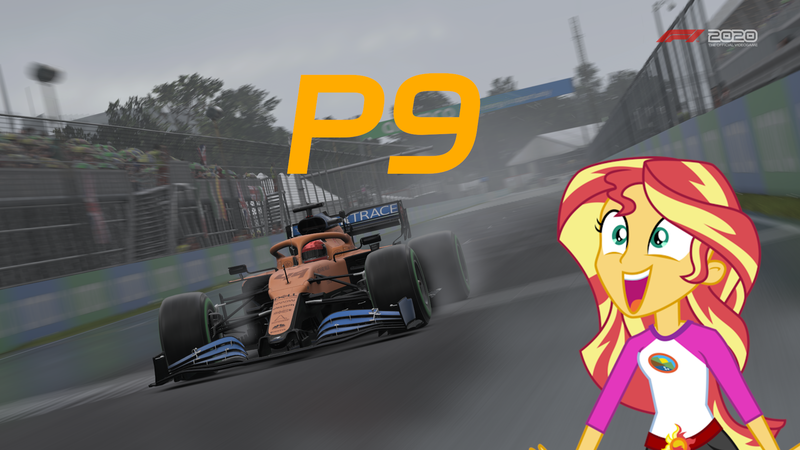 Size: 1920x1080 | Tagged: safe, derpibooru import, sunset shimmer, equestria girls, legend of everfree, excited, f1, f1 car, f1 game, formula 1, game, image, png, rain, solo, video game, wet