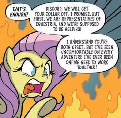 Size: 421x409 | Tagged: safe, artist:tonyfleecs, derpibooru import, idw, fluttershy, spoiler:comic, spoiler:comic97, assertive fluttershy, comic, fire, image, png, season 10