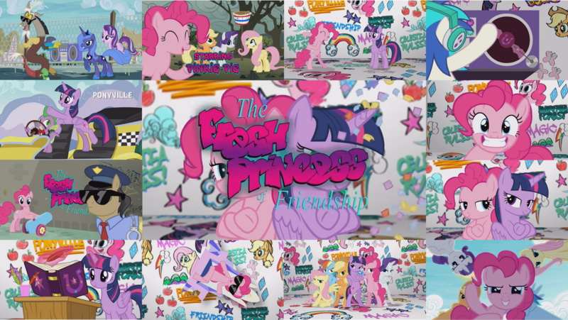 Size: 1280x721 | Tagged: safe, derpibooru import, edit, edited screencap, editor:quoterific, screencap, applejack, discord, fluttershy, pinkie pie, princess luna, rainbow dash, rarity, spike, starlight glimmer, twilight sparkle, twilight sparkle (alicorn), vinyl scratch, alicorn, draconequus, dragon, earth pony, pegasus, pony, unicorn, season 8, spoiler:s08, applejack's hat, bipedal, cowboy hat, crossed arms, crown, duo, duo female, eyes closed, female, glowing horn, gritted teeth, hat, horn, image, jewelry, magic, male, mane six, party cannon, png, police hat, police officer, quill pen, radio, regalia, s1 luna, sunglasses, teeth, the fresh prince of bel-air, throne, trio
