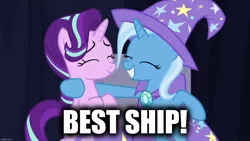 Size: 1280x720 | Tagged: safe, derpibooru import, edit, edited screencap, screencap, starlight glimmer, trixie, pony, unicorn, road to friendship, best ship, bipedal, cape, caption, clothes, duo, duo female, eyes closed, female, gritted teeth, hat, image, image macro, imgflip, jpeg, lesbian, shipping, startrix, teeth, text, trixie's cape, trixie's hat