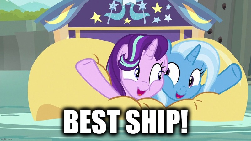 Size: 1280x720 | Tagged: safe, derpibooru import, edit, edited screencap, screencap, starlight glimmer, trixie, pony, unicorn, road to friendship, best ship, caption, female, image, image macro, imgflip, jpeg, lesbian, open mouth, raised hoof, shipping, startrix, text