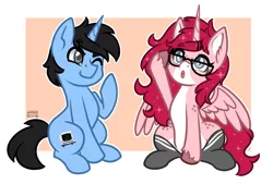 Size: 1280x866 | Tagged: safe, artist:sabrib, derpibooru import, oc, oc:tinker doo, unofficial characters only, alicorn, pony, unicorn, alicorn oc, clothes, glasses, horn, image, one eye closed, png, socks, swapping, unicorn oc, wings, wink