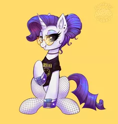 Size: 2841x3000 | Tagged: safe, artist:confetticakez, derpibooru import, rarity, pony, unicorn, alternate hairstyle, choker, clothes, converse, cute, ear piercing, earring, female, fishnets, hair bun, image, jewelry, mare, piercing, png, shirt, shoes, simple background, sitting, smiling, solo, sunglasses, t-shirt