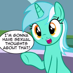 Size: 1708x1708 | Tagged: suggestive, artist:badumsquish, derpibooru import, lyra heartstrings, pony, unicorn, derpibooru exclusive, dialogue, female, image, meme, open mouth, png, pointing, ponified meme, raised hoof, reaction image, sitting, solo, talking