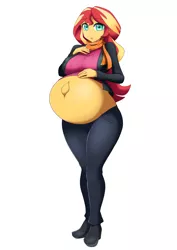 Size: 1448x2048 | Tagged: suggestive, artist:megaxverselostfiles, derpibooru import, sunset shimmer, comic:inner thoughts, equestria girls, belly, belly button, big belly, boots, clothes, coat, high heels, image, jpeg, looking at you, pants, pregnant, pregnant equestria girls, scarf, shoes, sunset preggers, sweater