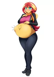 Size: 1448x2048 | Tagged: suggestive, alternate version, artist:megaxverselostfiles, derpibooru import, sunset shimmer, comic:inner thoughts, equestria girls, :o, belly, belly button, big belly, blushing, boots, clothes, coat, high heels, image, jpeg, kicking, looking at belly, open mouth, outie belly button, pants, pregnant, scarf, shoes, sunset preggers, sweater