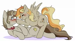 Size: 2190x1213 | Tagged: safe, artist:pledus, author:bigonionbean, derpibooru import, carrot top, derpy hooves, doctor whooves, golden harvest, prince blueblood, time turner, oc, oc:clumsy carrot, oc:royal minutes, earth pony, pony, unicorn, adorable face, blushing, blushing profusely, bowtie, collar, commissioner:bigonionbean, couple, cute, cutie mark, female, fusion, fusion:clumsy carrot, fusion:royal minutes, hair bun, hat, husband and wife, image, jewelry, jpeg, lying down, male, mare, on top, ring, romance, romantic, sitting, stallion