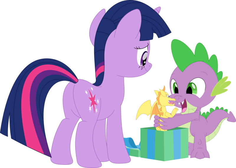 Size: 3563x2538 | Tagged: safe, artist:porygon2z, derpibooru import, spike, twilight sparkle, dragon, pony, unicorn, butt, duo, female, happy, image, male, open mouth, plot, png, present, simple background, smiling, toy, transparent background, unicorn twilight, vector