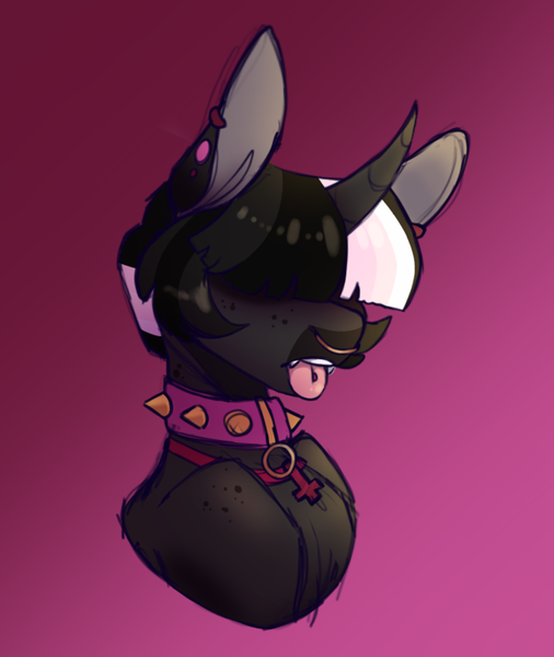 Size: 1821x2160 | Tagged: safe, artist:connorbal, derpibooru import, oc, oc:salem grimoire, pony, unicorn, collar, collar ring, cross, femboy, freckles, gradient background, hair covering face, image, male, nose piercing, nose ring, open mouth, piercing, pink background, png, simple background, solo, stallion, tongue out, tongue piercing