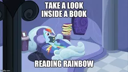 Size: 800x450 | Tagged: safe, derpibooru import, edit, edited screencap, screencap, rainbow dash, read it and weep, bed, bedroom, book, exploitable meme, image, jpeg, meme, reading, reading rainbow, solo