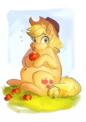 Size: 1448x2048 | Tagged: safe, artist:sofiko-ko, derpibooru import, applejack, earth pony, pony, apple, applefat, fat, food, image, jpeg, looking at you, sitting, solo, surprised, that pony sure does love apples, wide eyes