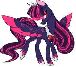 Size: 1565x1374 | Tagged: safe, artist:northernlightsone, derpibooru import, oc, oc:princess ebony moon, unofficial characters only, alicorn, pony, alicorn oc, crown, eyeshadow, female, glowing horn, hoof shoes, horn, image, jewelry, magic, makeup, mare, markings, multicolored hair, png, raised hoof, raised leg, regalia, simple background, solo, transparent background, wings