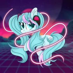 Size: 2000x2000 | Tagged: safe, artist:splashofsweet, derpibooru import, ponified, earth pony, pony, anime, hatsune miku, headphones, image, jpeg, looking at you, smiling, solo, synthwave, vocaloid