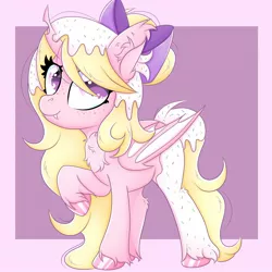 Size: 1280x1280 | Tagged: safe, artist:splashofsweet, derpibooru import, oc, unofficial characters only, bat pony, changeling, bow, food, frosting, hair bow, image, jpeg, looking at you, smiling, solo