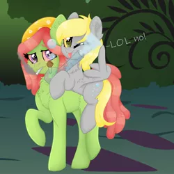 Size: 2000x2000 | Tagged: safe, artist:splashofsweet, derpibooru import, derpy hooves, tree hugger, earth pony, pegasus, pony, bong, chest fluff, dialogue, drugs, high, image, jpeg, looking at you, marijuana, middle feather, middle finger, one eye closed, ponies riding ponies, red eyes, riding, rollie, smiling, vulgar, wing hands, wings, wink