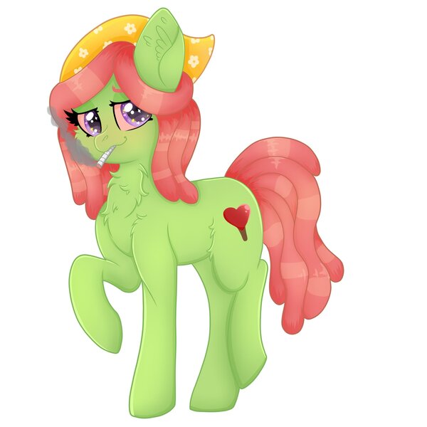 Size: 2000x2000 | Tagged: safe, artist:splashofsweet, derpibooru import, tree hugger, earth pony, pony, chest fluff, drugs, high, image, jpeg, looking at you, marijuana, red eyes, rollie, smiling, vulgar