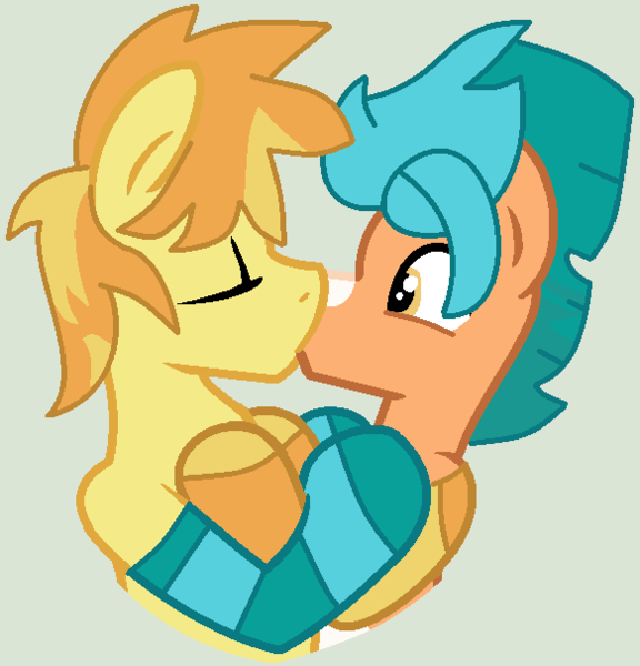 Size: 582x606 | Tagged: safe, artist:box-of-ideas, artist:jadethepegasus, derpibooru import, braeburn, hitch trailblazer, earth pony, pony, base used, braeblazer, clothes, eyes closed, g5, gay, gray background, hug, image, kissing, male, markings, png, raised hoof, shipping, simple background, socks, striped socks