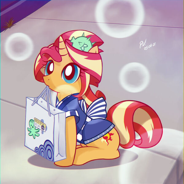 Size: 1280x1280 | Tagged: safe, artist:branewashpv, derpibooru import, sunset shimmer, ponified, pony, unicorn, equestria girls, 90s anime, bag, chromatic aberration, clothes, cute, image, jpeg, shimmerbetes, solo, sunset sushi