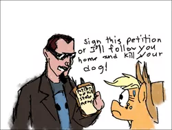 Size: 800x600 | Tagged: safe, anonymous artist, derpibooru import, applejack, human, pony, image, petition, png, postal, postal 2, postal dude, sunglasses, sweat