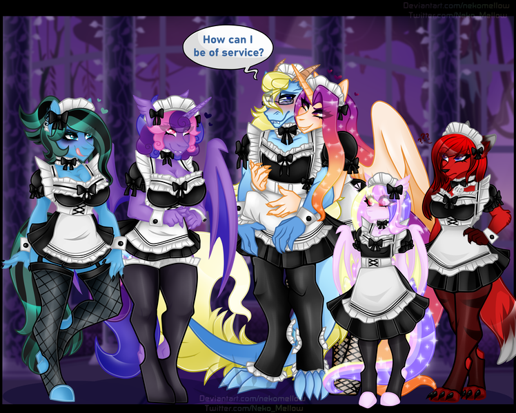 Size: 5000x4009 | Tagged: suggestive, artist:nekomellow, derpibooru import, oc, oc:cinnamon music, oc:dayfall, oc:dreamcatcher, oc:red, anthro, dragon, pony, clothes, image, maid, maids, png, ponyvania, socks, stockings, thigh highs