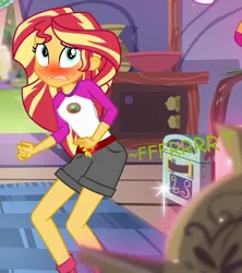 Size: 532x600 | Tagged: suggestive, artist:thedarkpony, derpibooru import, edit, edited screencap, screencap, sunset shimmer, equestria girls, legend of everfree, blushing, camp everfree outfits, clothes, cropped, fart, fart edit, fart noise, female, image, onomatopoeia, png, shorts, sound effects