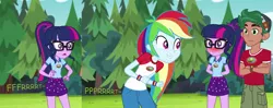 Size: 1432x566 | Tagged: suggestive, artist:thedarkpony, derpibooru import, edit, edited screencap, screencap, rainbow dash, sci-twi, timber spruce, twilight sparkle, equestria girls, legend of everfree, blushing, camp everfree outfits, clothes, cropped, fart, fart edit, fart noise, female, image, jeans, onomatopoeia, pants, png, shorts, sound effects