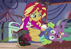 Size: 935x649 | Tagged: suggestive, artist:thedarkpony, derpibooru import, edit, edited screencap, screencap, spike, spike the regular dog, sunset shimmer, dog, equestria girls, legend of everfree, camp everfree outfits, clothes, fart, fart edit, fart noise, female, image, onomatopoeia, png, shorts, sound effects, spike the dog