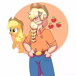 Size: 1080x1080 | Tagged: safe, artist:bunny_b0nez, derpibooru import, applejack, earth pony, human, pony, belt, braid, clothes, cutie mark background, duo, eyelashes, female, hat, headcanon, humanized, image, jpeg, lgbt headcanon, mare, pants, raised hoof, self ponidox, sexuality headcanon, smiling