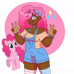 Size: 1080x1080 | Tagged: safe, artist:bunny_b0nez, derpibooru import, pinkie pie, earth pony, human, pony, :p, bow, bracelet, candy, clothes, cutie mark background, dark skin, duo, eyelashes, female, food, hair bow, hair over one eye, headcanon, humanized, image, jewelry, jpeg, lgbt headcanon, lollipop, mare, overalls, peace sign, raised hoof, self ponidox, sexuality headcanon, smiling, socks, striped socks, tongue out