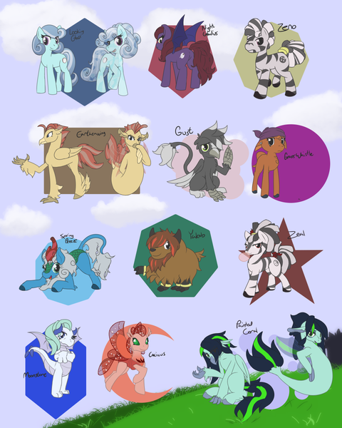 Size: 960x1200 | Tagged: safe, derpibooru import, kirin oc, oc, bat pony, buffalo, changedling, changeling, crystal pony, dragon, gryphon, hippogriff, kirin, seapony (g4), yak, zebra, bat pony oc, bat wings, buffalo oc, changedling oc, changeling oc, crystal pony oc, dragon oc, griffon oc, group, hippogriff oc, image, png, seaponified, seapony oc, species swap, wings, yak oc, zebra oc