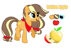 Size: 1596x1080 | Tagged: safe, artist:jvartes6112, derpibooru import, oc, oc:golden apple, unofficial characters only, earth pony, pony, apple, bow, earth pony oc, eyelashes, female, food, freckles, hair bow, image, mare, neckerchief, offspring, parent:applejack, parent:caramel, parents:carajack, png, reference sheet, simple background, solo, transparent background