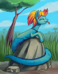 Size: 943x1200 | Tagged: safe, artist:lexx2dot0, derpibooru import, oc, oc:merrifeather, lamia, original species, pony, cloud, content, eyes closed, forked tongue, gradient mane, happy, image, jewelry, jpeg, necklace, rock, scales, scenery, sky, smiling, solo, sun bathing, tall grass, tree