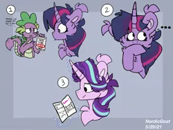 Size: 2048x1536 | Tagged: safe, artist:nordicgoat, derpibooru import, spike, starlight glimmer, twilight sparkle, season 7, comic, image, jpeg, sketch