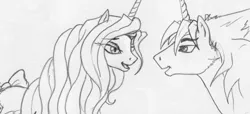 Size: 628x286 | Tagged: safe, artist:leovictor, derpibooru import, edit, oc, oc:damian mitsugi hiraga, oc:nyx, alicorn, unicorn, alicorn oc, female, horn, husband and wife, image, male, monochrome, oc x oc, older nyx, png, shipping, simple background, straight, unicorn oc, white background, wings